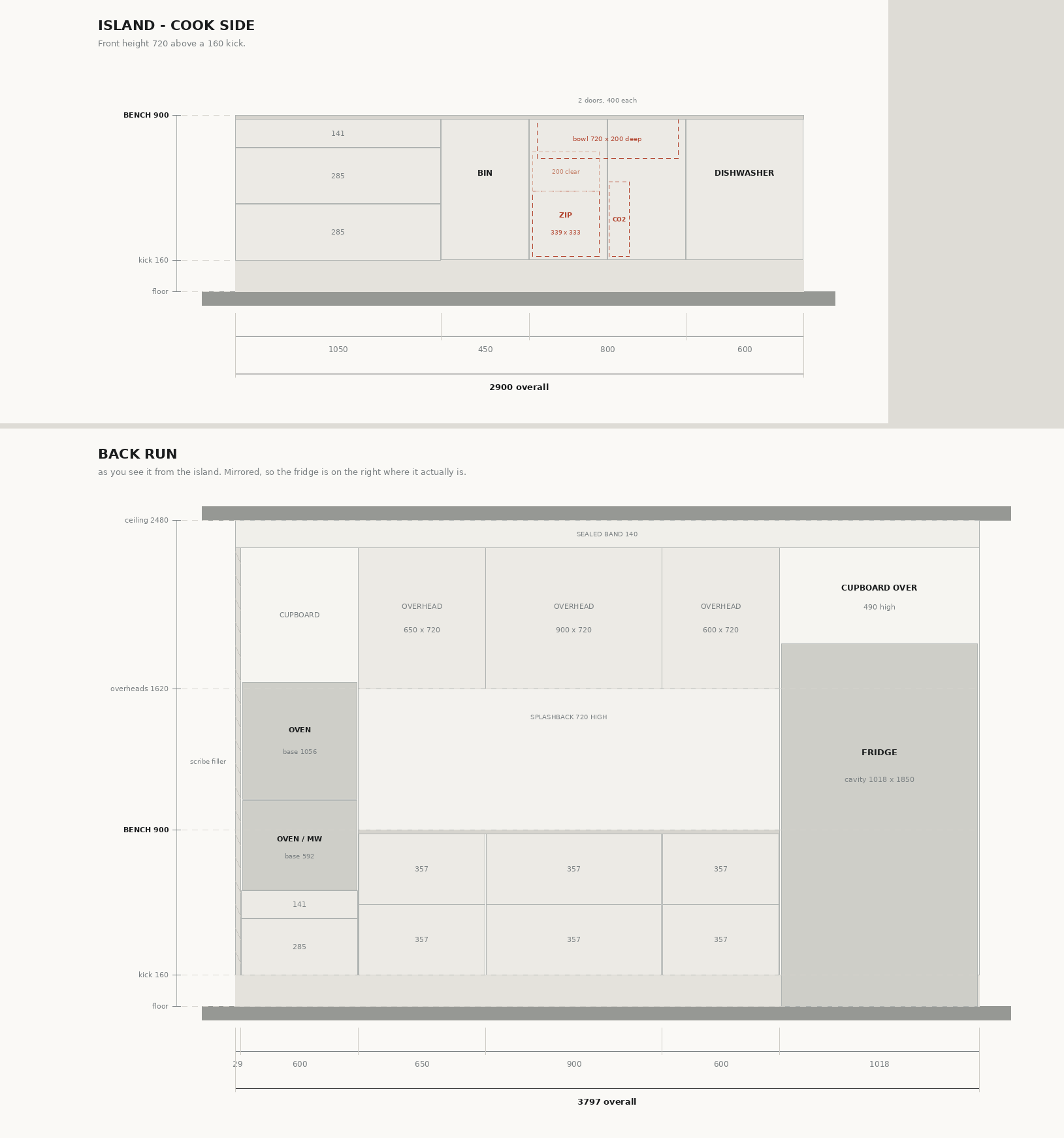 Elevations of the island cook side and the back run